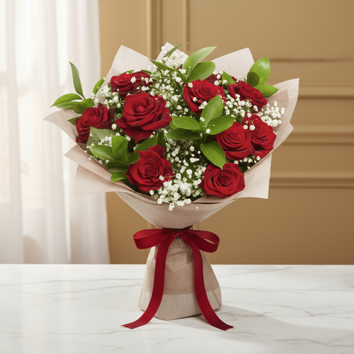 Ramo de rosas rojas frescas con follaje verde y flores blancas pequeñas, envuelto en papel beige y atado con un lazo rojo, colocado sobre una mesa de mármol blanco frente a un fondo interior cálido