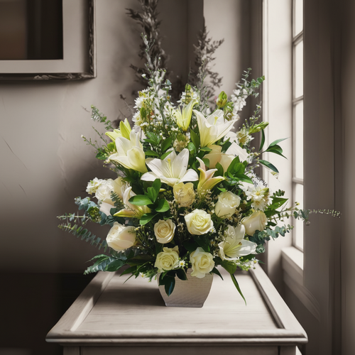 Arreglo de flores blancas con lirios y rosas en jarrón beige sobre una mesa clara, con fondo interior elegante y luz natural entrando por la ventana