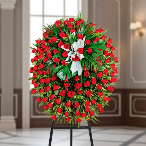 Arreglo floral en forma de corona ovalada con numerosas rosas rojas y follaje verde sobre caballete negro en interior elegante