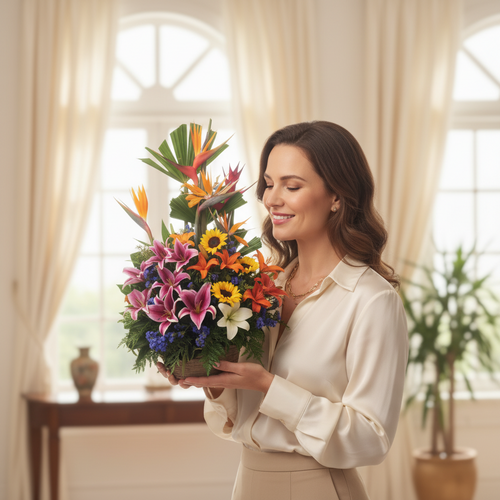 Mujer joven con blusa clara sosteniendo un arreglo de flores tropicales y de colores vivos en una sala luminosa con cortinas beige y ventanas arqueadas al fondo