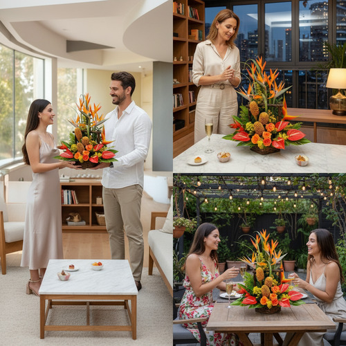 Collage de cuatro escenas con un arreglo floral tropical de colores naranja, amarillo y rojo, presentado por parejas y amigas en interiores modernos y terraza exterior