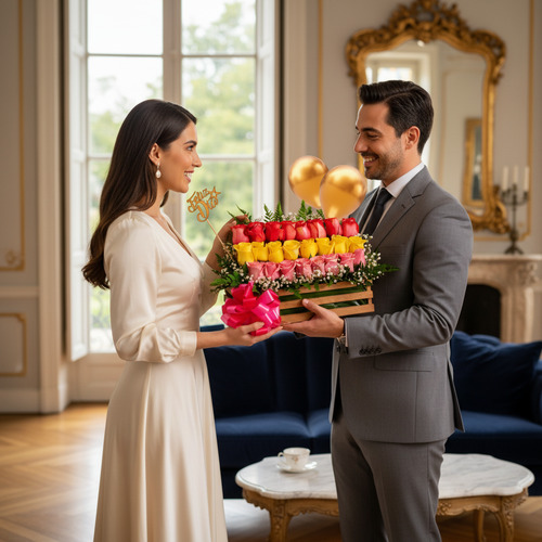 Hombre con traje gris entrega a mujer con vestido crema un arreglo rectangular de flores rojas y amarillas con globos dorados en una sala elegante