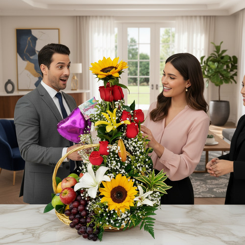 Tres personas en una oficina moderna observan un arreglo floral con girasoles, rosas rojas, lirios blancos y frutas como uvas y manzanas en una canasta