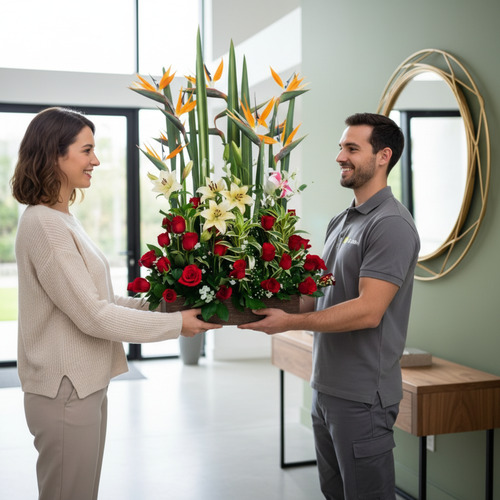 Repartidor entregando a una mujer un gran arreglo floral con rosas rojas, lirios blancos y aves del paraíso en la entrada de una casa moderna