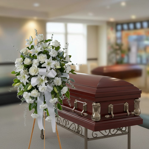 Corona de flores blancas sobre caballete junto a ataúd de madera barnizada en sala velatoria