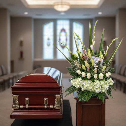 Ataúd de madera barnizada junto a un gran arreglo floral blanco y verde en una sala de velatorio con vitrales al fondo