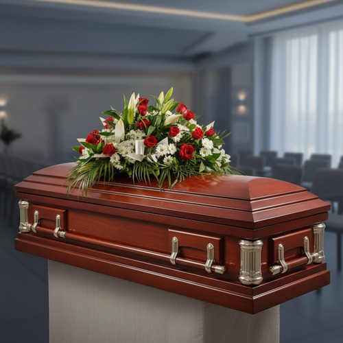 Ataúd de madera color caoba con herrajes metálicos plateados y arreglo de flores rojas y blancas sobre la tapa, situado en una sala velatoria moderna y luminosa