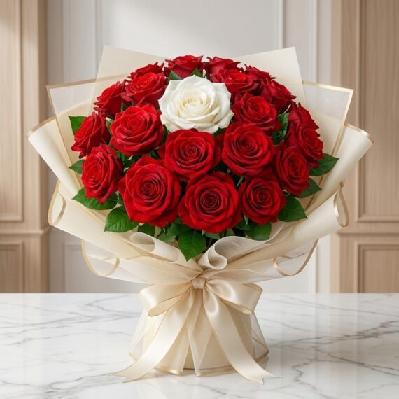 Arreglo floral ALESSIA con 23 rosas rojas vibrantes y una rosa blanca central, envuelto en papel coreano color crema con lazo