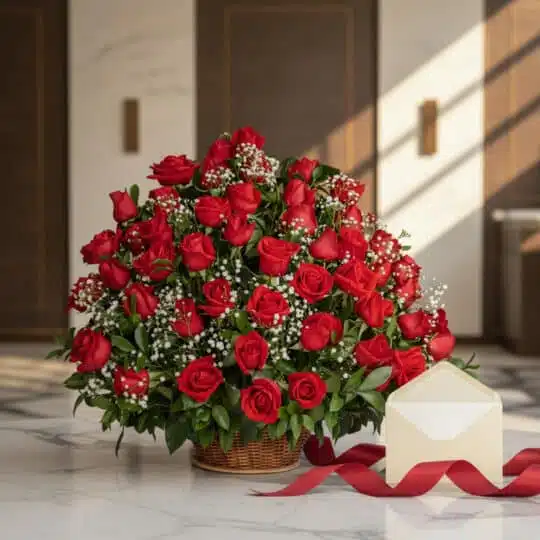 Impresionante arreglo floral Amor Gigante con docenas de rosas rojas frescas y follaje verde, presentado en una cesta de mimb