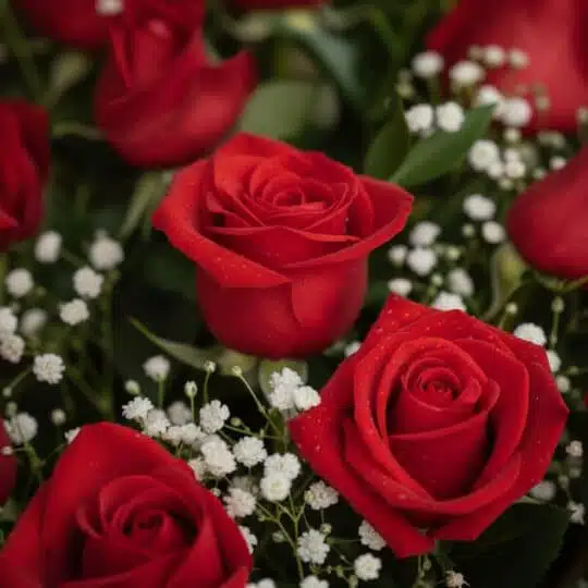 Primer plano extremo de rosas rojas vibrantes con gotas de rocío y pequeñas flores blancas, destacando la textura hiperrealis