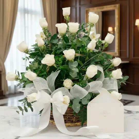Arreglo floral blanco puro con rosas y follaje verde en una cesta de mimbre, decorado con una cinta de tela satinada blanca,