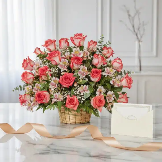 Arreglo floral Emilia con 32 rosas blush frescas, alstroemerias y follaje en cesta de mimbre, sobre mármol con tarjeta y cint