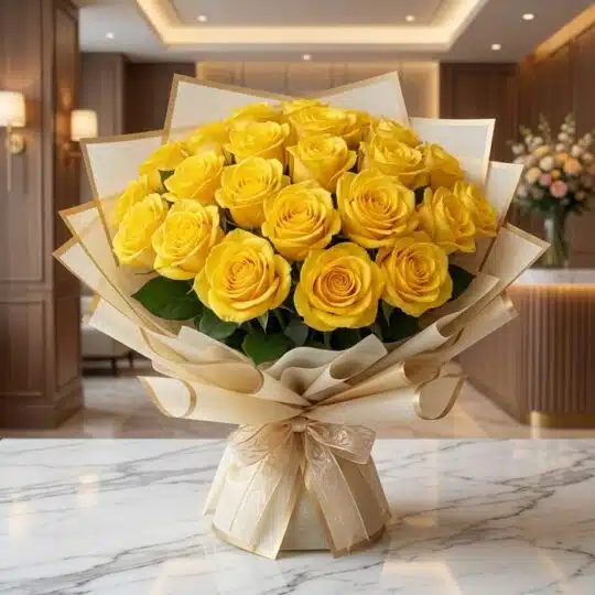 Arreglo floral Evelina con 24 rosas amarillas vibrantes, empaque coreano dorado y lazo, sobre mesa de mármol en un lobby de h