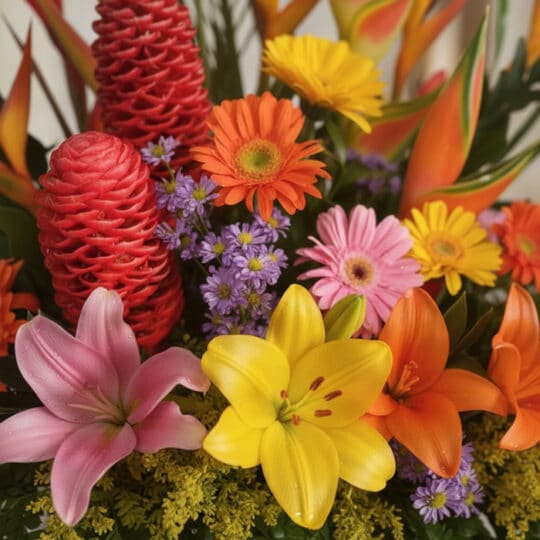 Primer plano extremo de Arreglo Floral Exótico Fusión, mostrando texturas hiperrealistas, gotas de rocío sutiles y colores vi