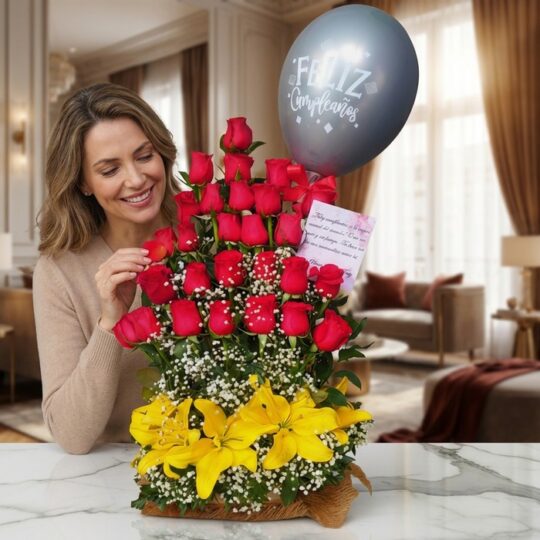 Mujer sonriente admirando un Arreglo Floral Exótico Gamma con rosas rojas, lirios amarillos y un globo de "Feliz Cumpleaños"