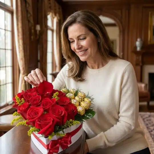 Mujer elegante admirando un Arreglo Floral Exótico Secreto en forma de corazón con rosas rojas, follaje amarillo y chocolates