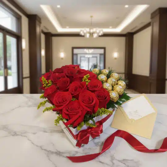 Arreglo floral de rosas rojas y chocolates Ferrero Rocher en caja blanca, con cinta roja y sobre dorado, sobre mármol.