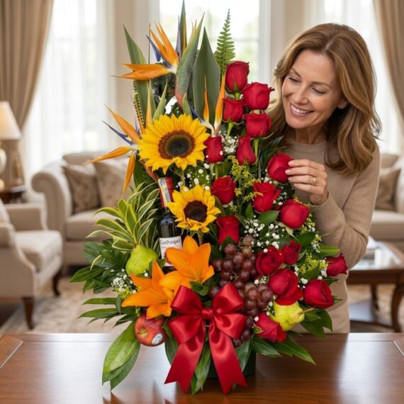 Mujer elegante admirando un Arreglo Floral con Frutas Especial, que incluye girasoles, rosas rojas, aves del paraíso, uvas, m