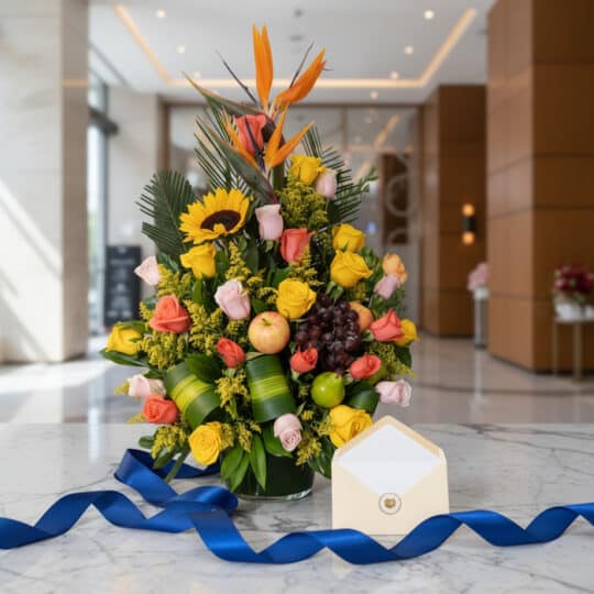 Arreglo floral con rosas amarillas, naranjas y rosadas, girasol, aves del paraíso, uvas, manzanas y tulipanes, sobre mármol c