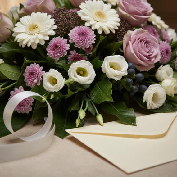 Arreglo floral fúnebre Sereno "Jardín de Ines" con rosas malva, gerberas blancas, crisantemos morados, lisianthus blancos y f