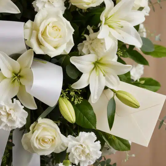 Primer plano macro de un arreglo floral fúnebre blanco con lirios, rosas y claveles, gotas de rocío, cinta satinada y un sobr