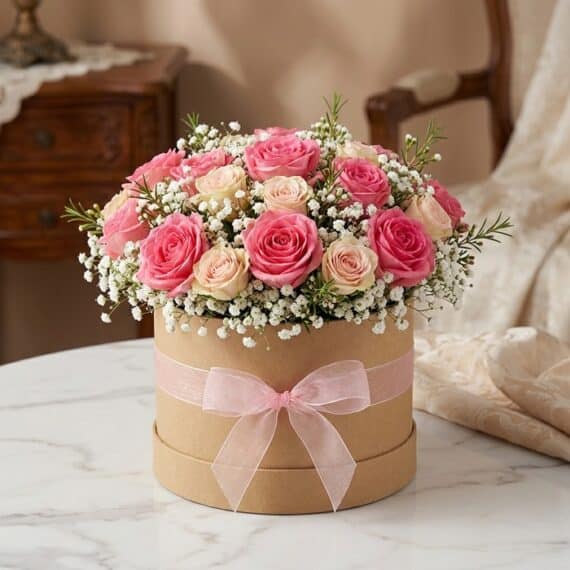 Arreglo floral GIADA con 12 rosas frescas rosadas y crema en una caja redonda de cartón con lazo rosa, ideal para regalo.