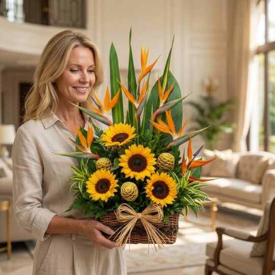 Mujer sonriente sosteniendo un arreglo floral de girasoles, aves del paraíso y follaje verde en una cesta de mimbre con un la
