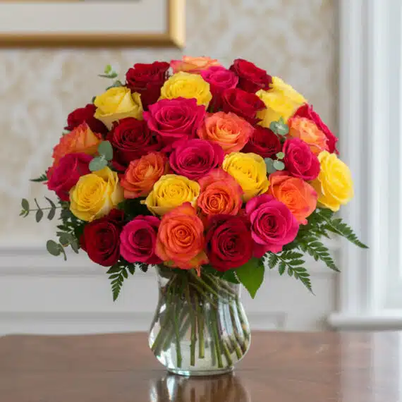 Arreglo Floral MARIELLA: 36 Rosas Frescas Multicolor para Regalar Arreglo floral MARIELLA con 36 rosas frescas en tonos rojo, amarillo, fucsia y naranja, presentado en un elegante jarrón de c