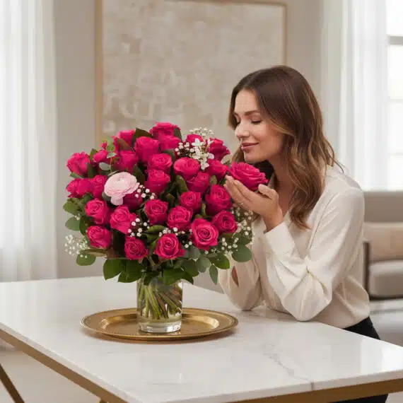Mujer joven y elegante oliendo un arreglo floral NARCISA de 36 rosas fucsia vibrantes con toques de paniculata y ranúnculo, s