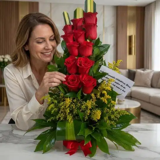 Mujer elegante sonriendo y admirando un arreglo floral de rosas rojas y flores amarillas, con un lazo rojo y una tarjeta, en