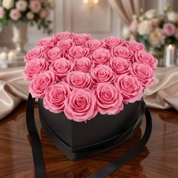 Arreglo Floral Perla: Elegancia en Caja Corazón con Rosas Rosadas Arreglo Floral Perla con 24 rosas rosadas vibrantes en una caja negra en forma de corazón, sobre una mesa de madera pulida en