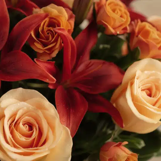 Primer plano extremo de un arreglo floral ALESSANDRA con rosas naranjas y lirios rojos, mostrando texturas hiperrealistas y g