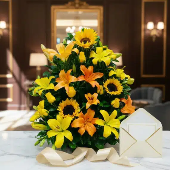 Arreglo floral tropical vibrante con lirios amarillos y naranjas, girasoles y follaje verde, sobre una mesa de mármol en un e