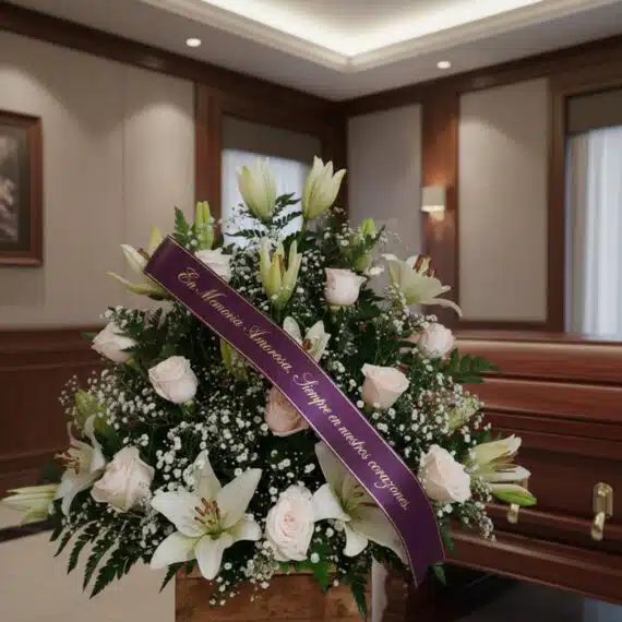 Arreglo floral fúnebre 'Infinito' con rosas blancas, lirios y gypsophila, cinta morada con mensaje de condolencia, en una sal