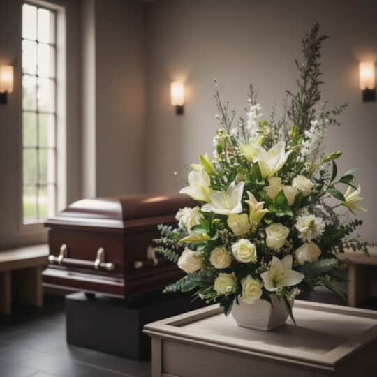 Arreglo floral fúnebre Perpetuo con lirios y rosas blancas en sala de velación moderna, ataúd de madera desenfocado al fondo.