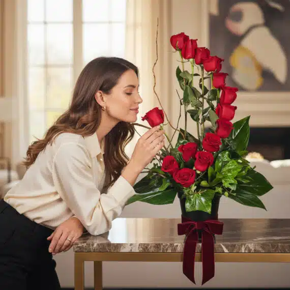 Mujer elegante oliendo delicadamente una rosa roja de un arreglo floral GIANNA con 13 rosas, en un lujoso interior de hogar.
