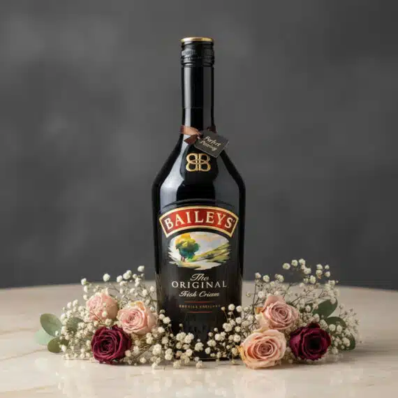 Botella de Baileys 700ml con Arreglo Floral Elegante para Regalo Botella de Baileys The Original Irish Cream de 700ml, rodeada por un delicado arreglo floral de rosas rosadas y burdeos, y fl