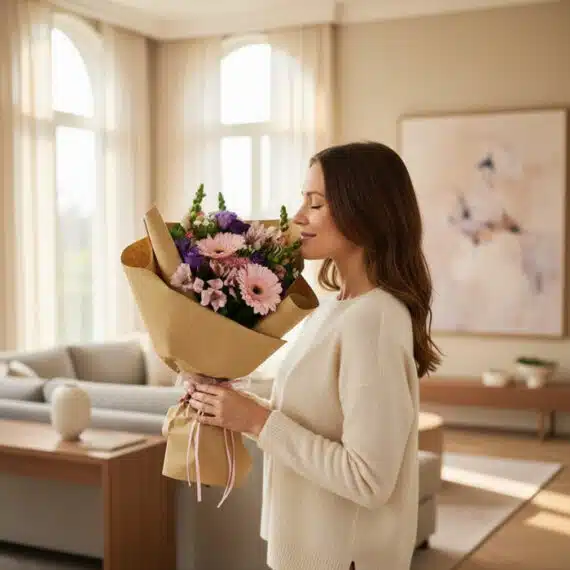 Mujer joven y elegante con suéter crema, ojos cerrados, sonriendo mientras huele un hermoso bouquet floral CARINA de gerberas