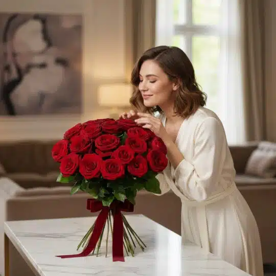 Mujer elegante admirando un Bouquet Giordana de 24 rosas rojas frescas con moño, en un hogar de alto diseño con luz natural.