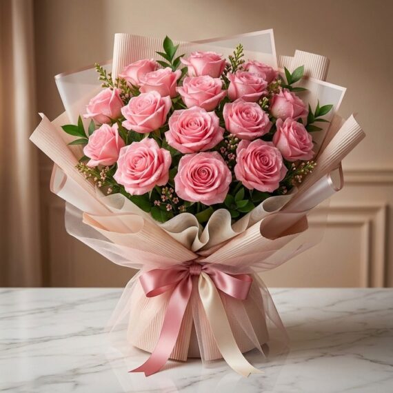 Bouquet Lionetta: 18 Rosas Rosadas Frescas para Momentos Inolvidables Bouquet Lionetta con 18 rosas rosadas frescas y abiertas, envuelto en papel coreano rosa y beige, sobre una mesa de mármol bl