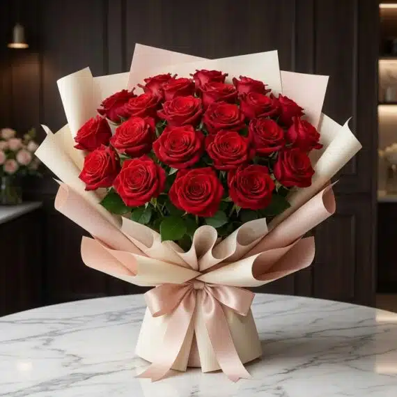Bouquet MATILDE: 18 Rosas Rojas Frescas con Empaque Coreano Premium Bouquet MATILDE con 18 rosas rojas vibrantes, empaque coreano elegante en tonos crema y rosa, lazo de satén, sobre mesa de má
