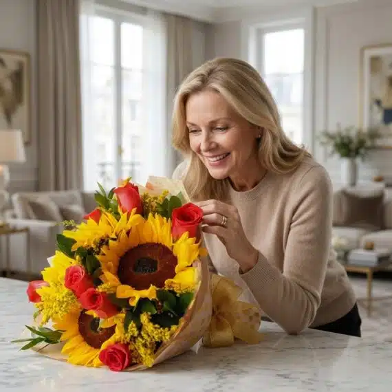 Mujer rubia de mediana edad sonriendo y admirando un hermoso bouquet de rosas rojas y girasoles en un hogar de lujo con luz n