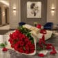 Elegante bouquet de rosas rojas frescas con bombones Ferrero Rocher sobre mesa de mármol en un lujoso recibidor.