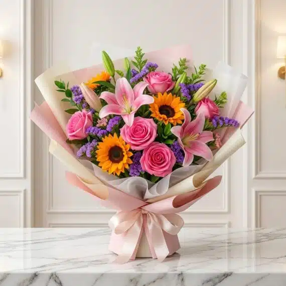 Bouquet SOFIA con rosas rosadas, lirios rosados y girasoles, envuelto en papel coreano elegante sobre mármol blanco, ideal pa