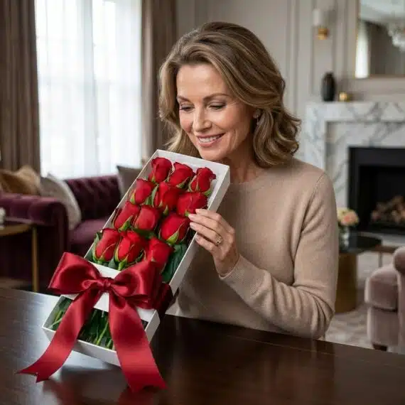 Mujer elegante sonriendo y admirando una caja blanca con doce rosas rojas frescas y un lazo de satén rojo, en un entorno de h