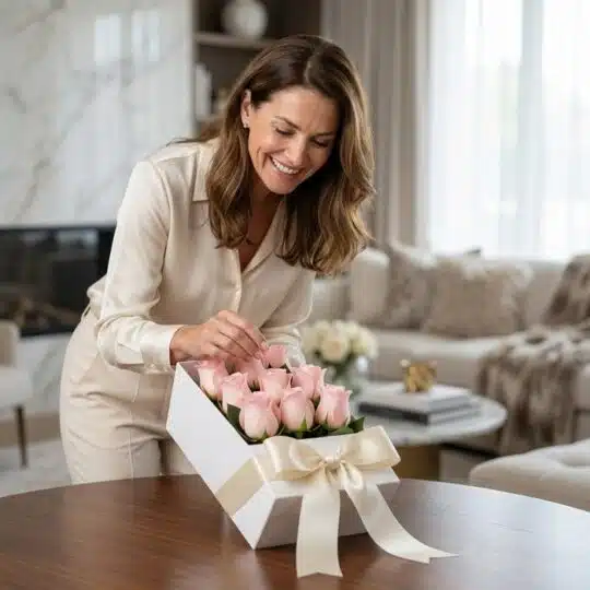 Mujer sonriente y elegante admirando una caja blanca con 12 rosas rosadas frescas y un lazo de satén, en un lujoso salón.