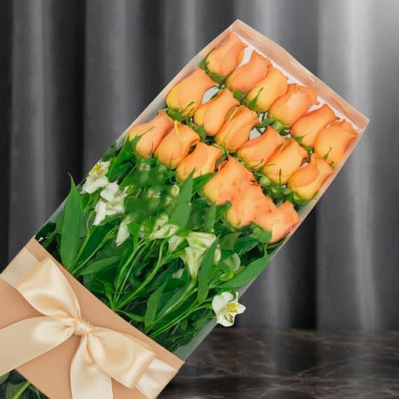 Caja de 18 Rosas Salmón: Elegancia y Frescura para Regalar Caja de 18 rosas salmón frescas y vibrantes, presentadas en un elegante empaque con lazo, ideal para regalar en cualquier oca