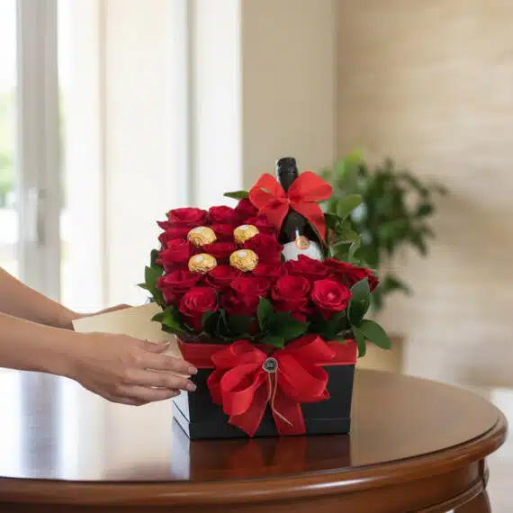 Caja Floral ENRICO con rosas rojas, vino y chocolates, siendo acomodada por manos delicadas en una mesa de madera. Regalo ele