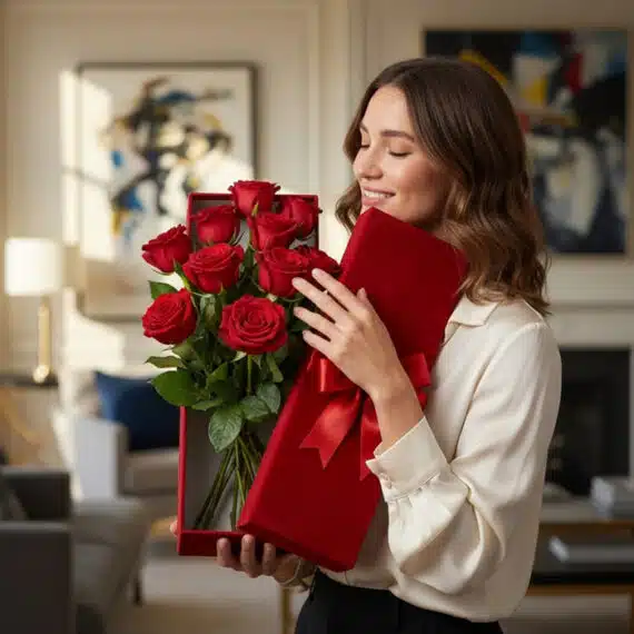 Mujer joven sonriente y elegante sosteniendo una caja de rosas rojas de exportación en un hogar de lujo con luz natural.