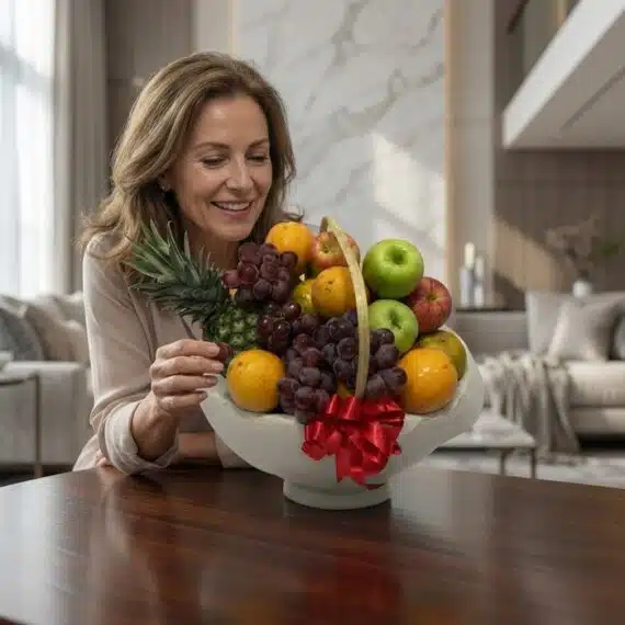Mujer de mediana edad sonriendo y admirando una canasta de frutas gourmet con piña, uvas, manzanas y naranjas, en un entorno